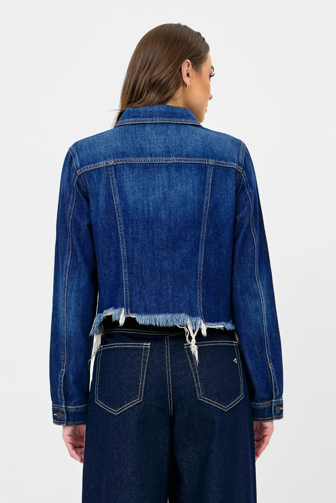 Dark Cropped Fitted Jean Jacket with Fray