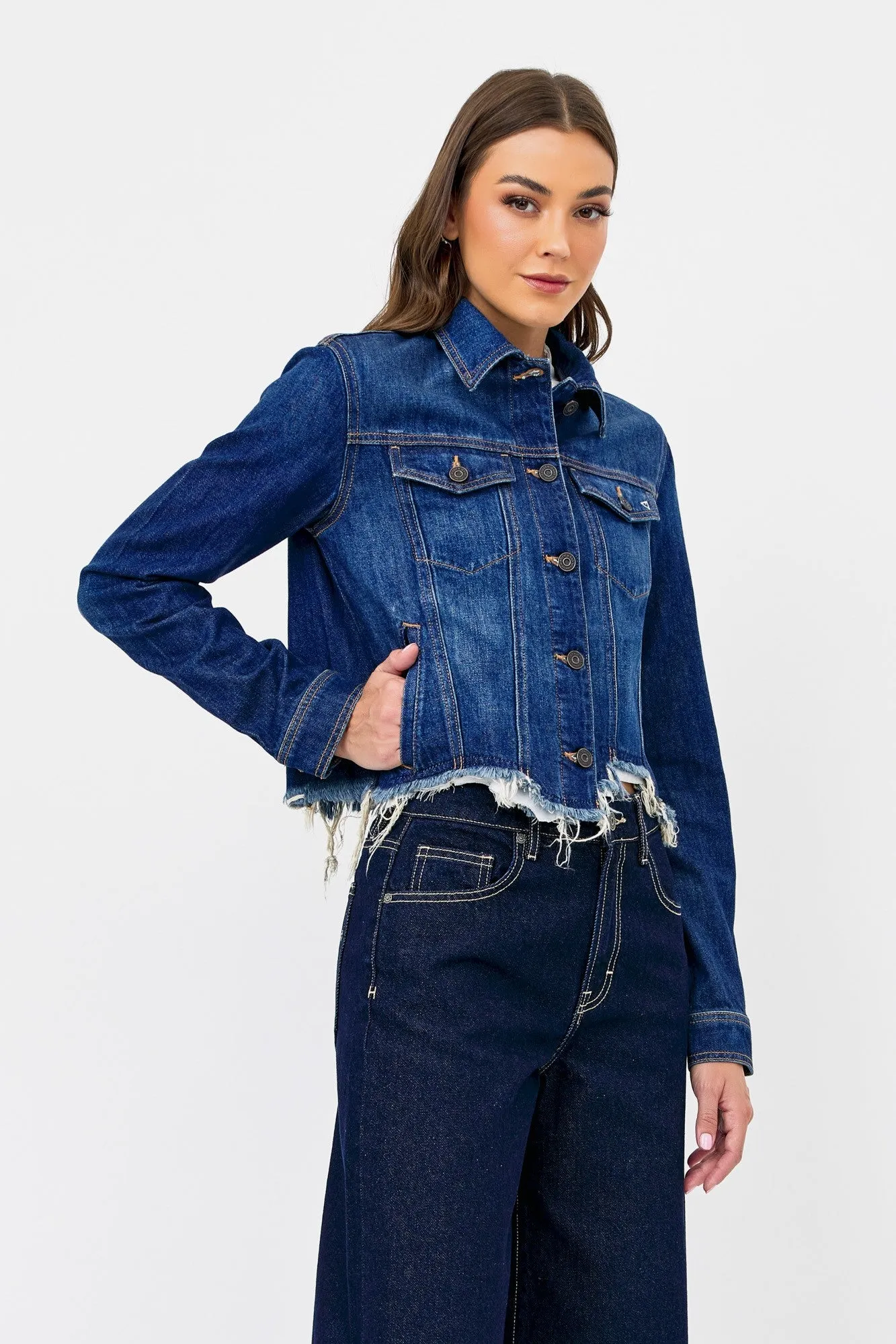 Dark Cropped Fitted Jean Jacket with Fray