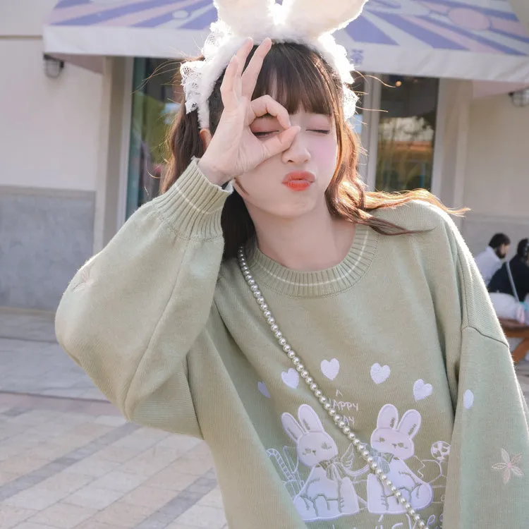 Deeptown Kawaii Cartoon Rabbit Knit Sweater - Hop into Adorable Comfort! 🐰🧶