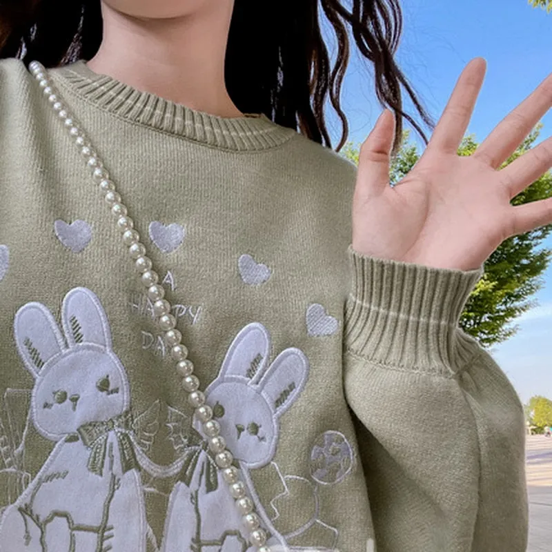 Deeptown Kawaii Cartoon Rabbit Knit Sweater - Hop into Adorable Comfort! 🐰🧶