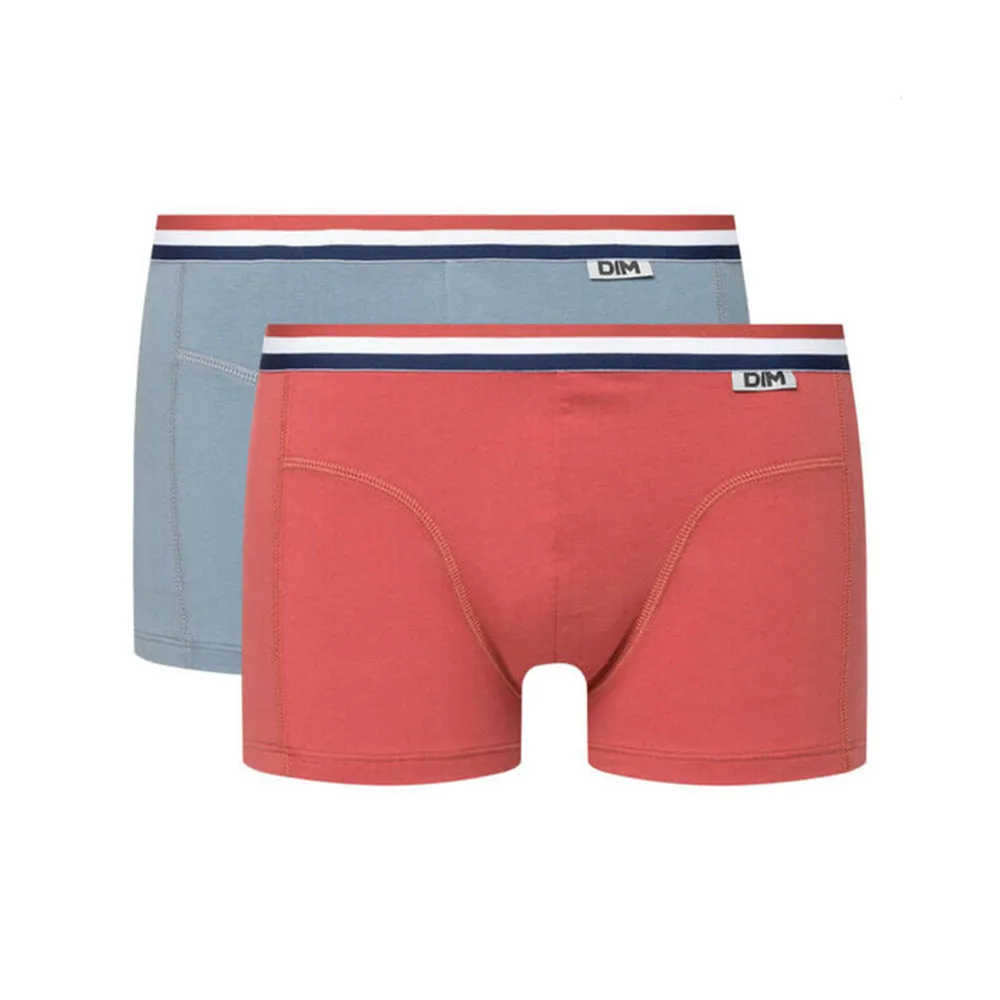 Dim Pack Of 2 Stretch Cotton Trunks With Three-Coloured Waistband Red Grey Ecodim