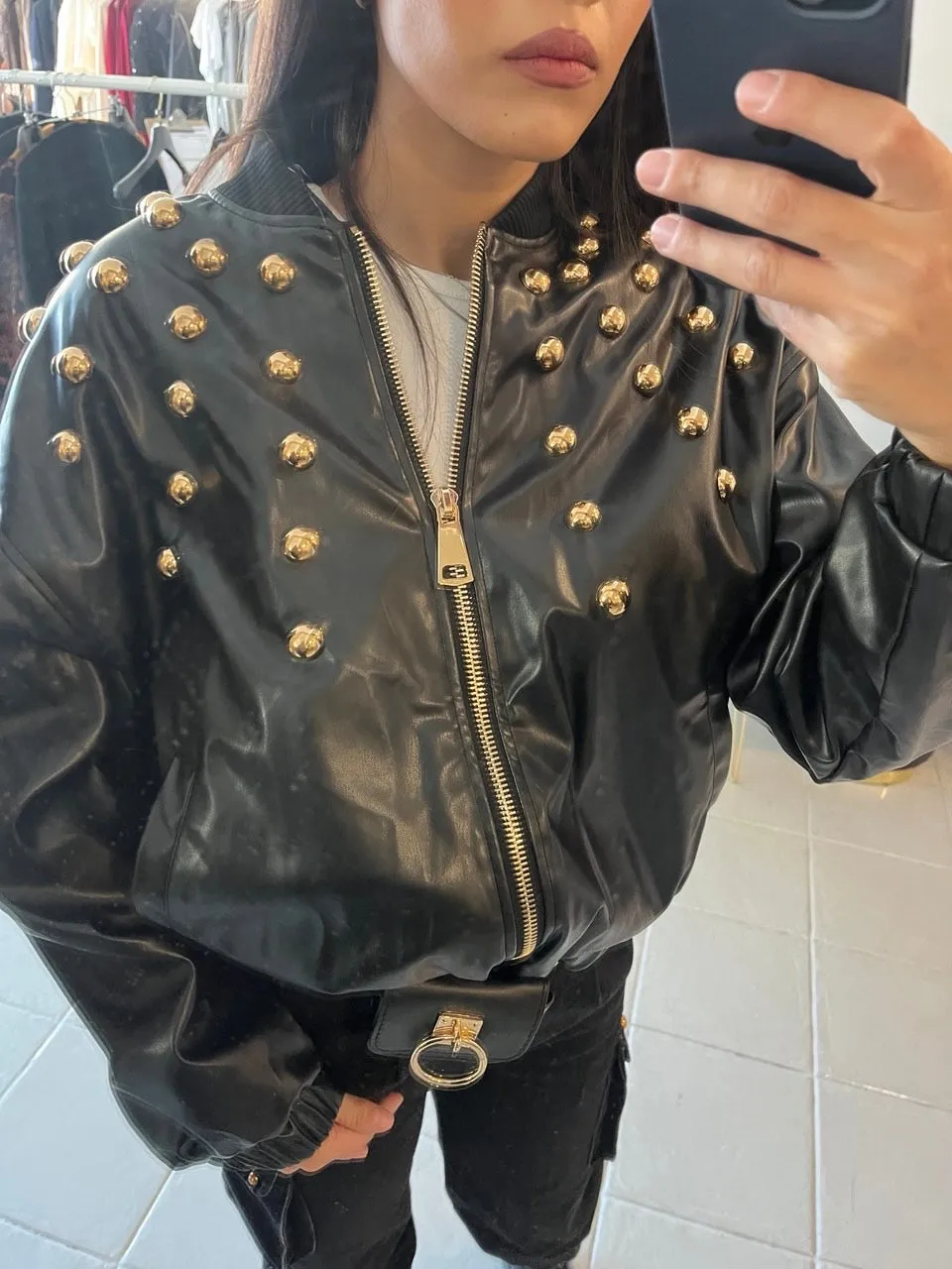 Eco leather bomber with gold studs