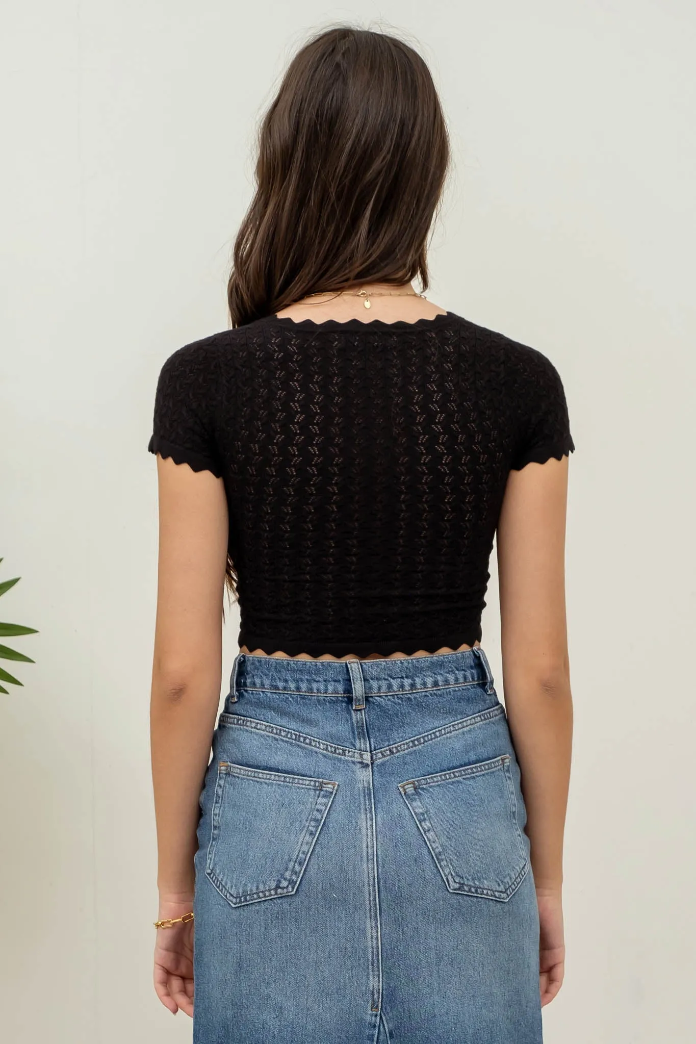 EYELET SCALLOP SWEATER KNIT CROP TOP