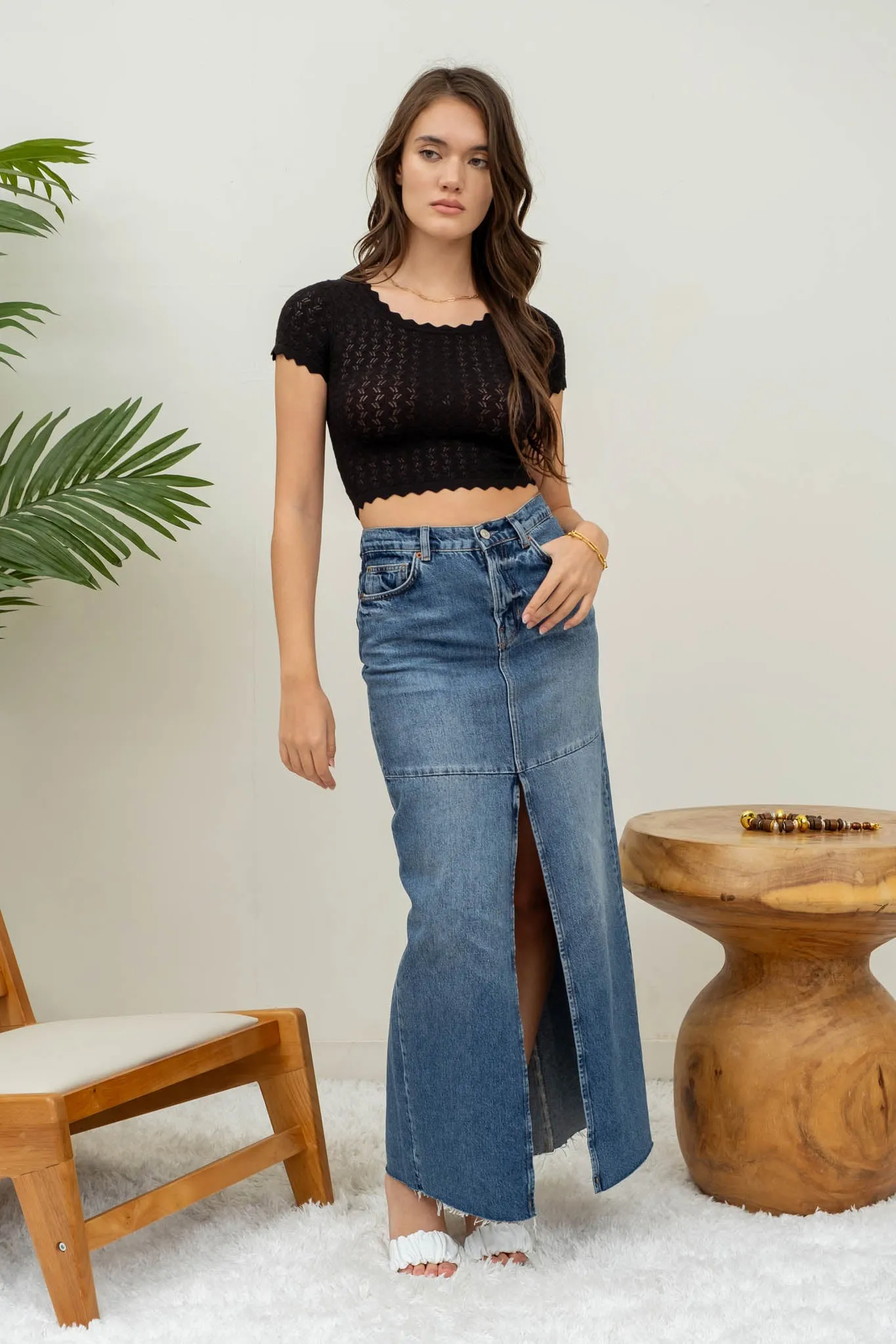 EYELET SCALLOP SWEATER KNIT CROP TOP