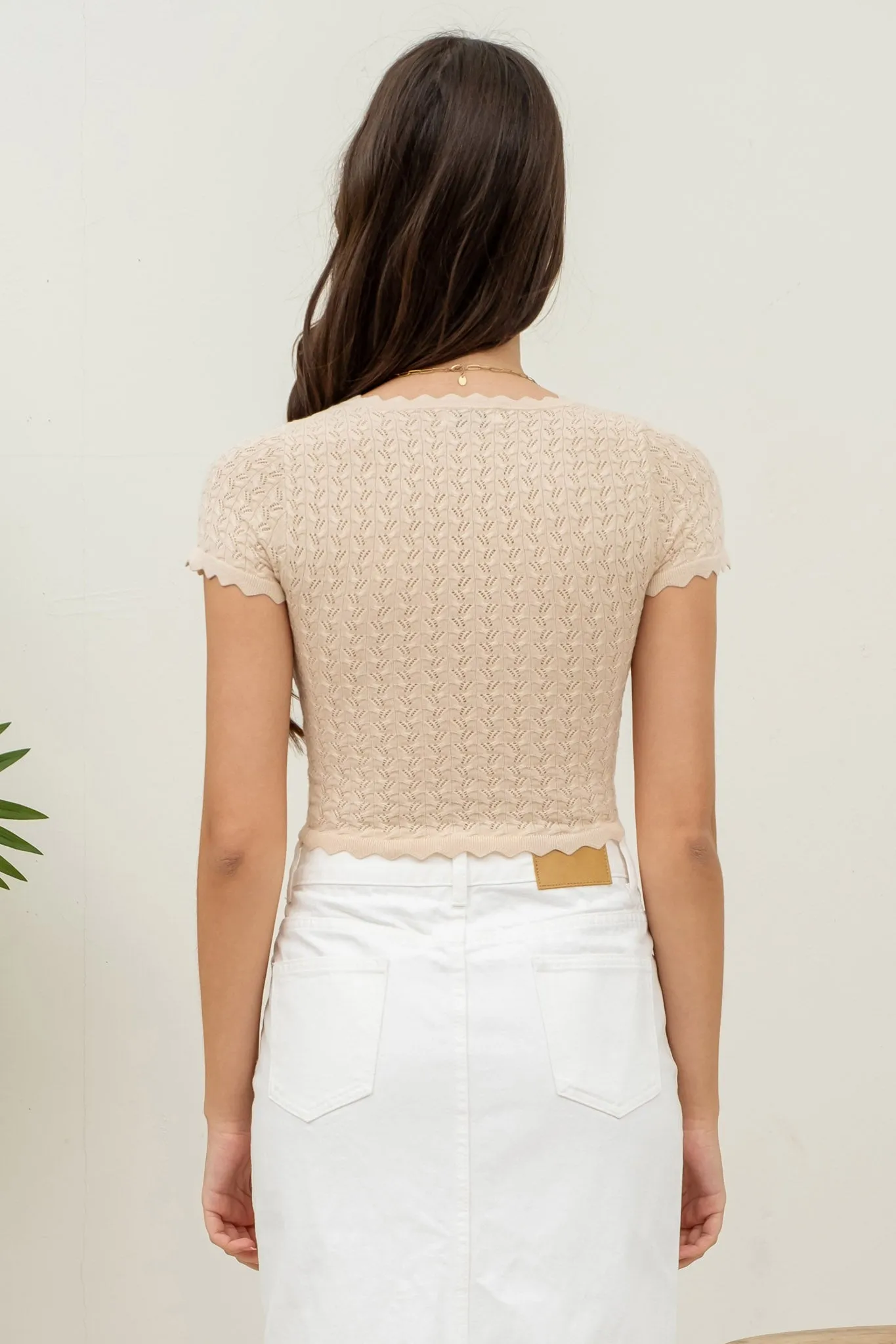 EYELET SCALLOP SWEATER KNIT CROP TOP