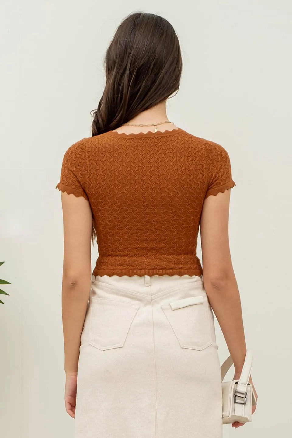 EYELET SCALLOP SWEATER KNIT CROP TOP