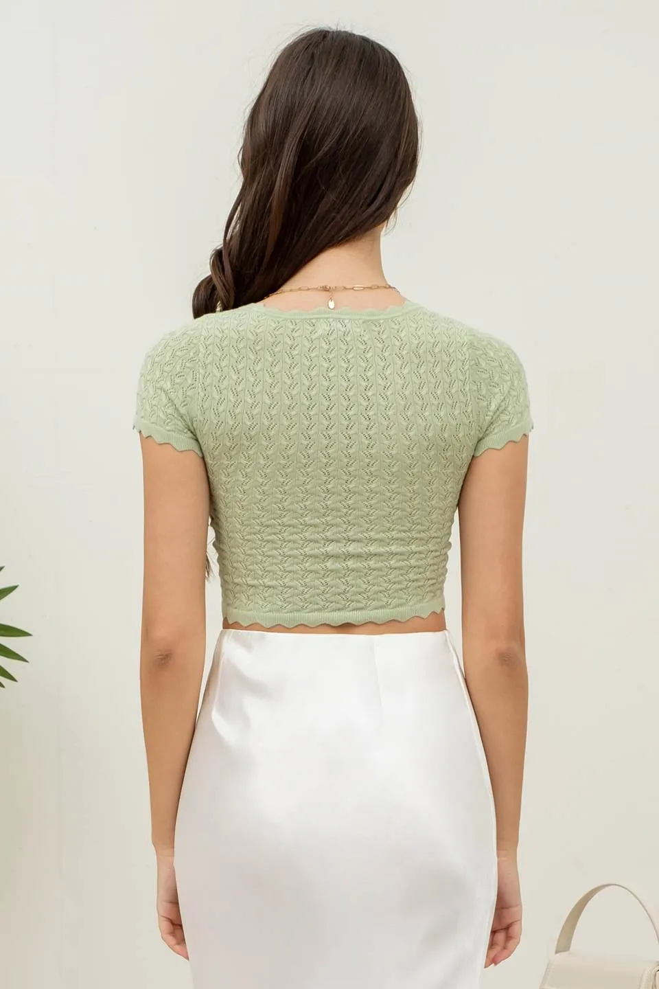 EYELET SCALLOP SWEATER KNIT CROP TOP