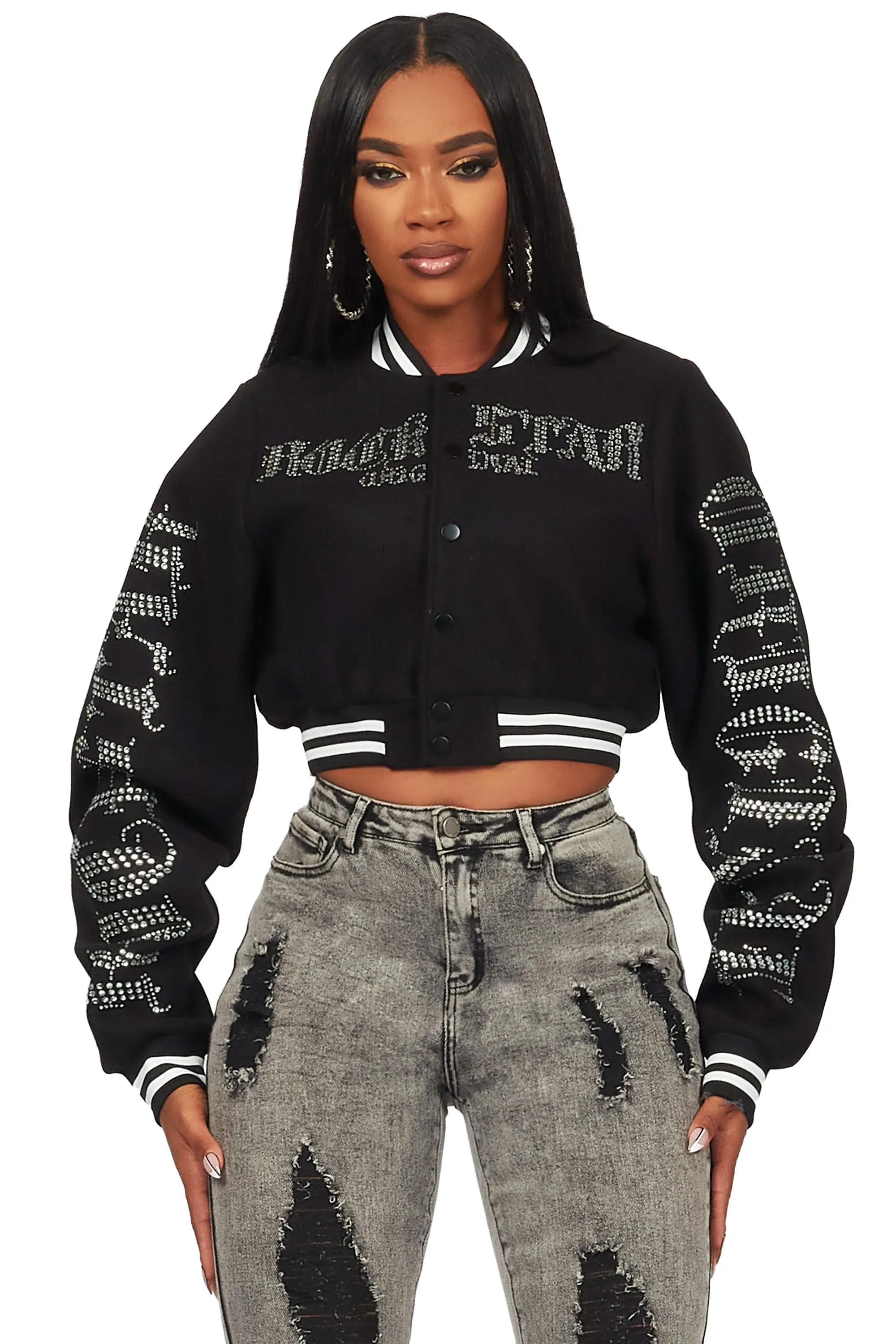 Gianni Black Crop Rhinestone Varsity Jacket