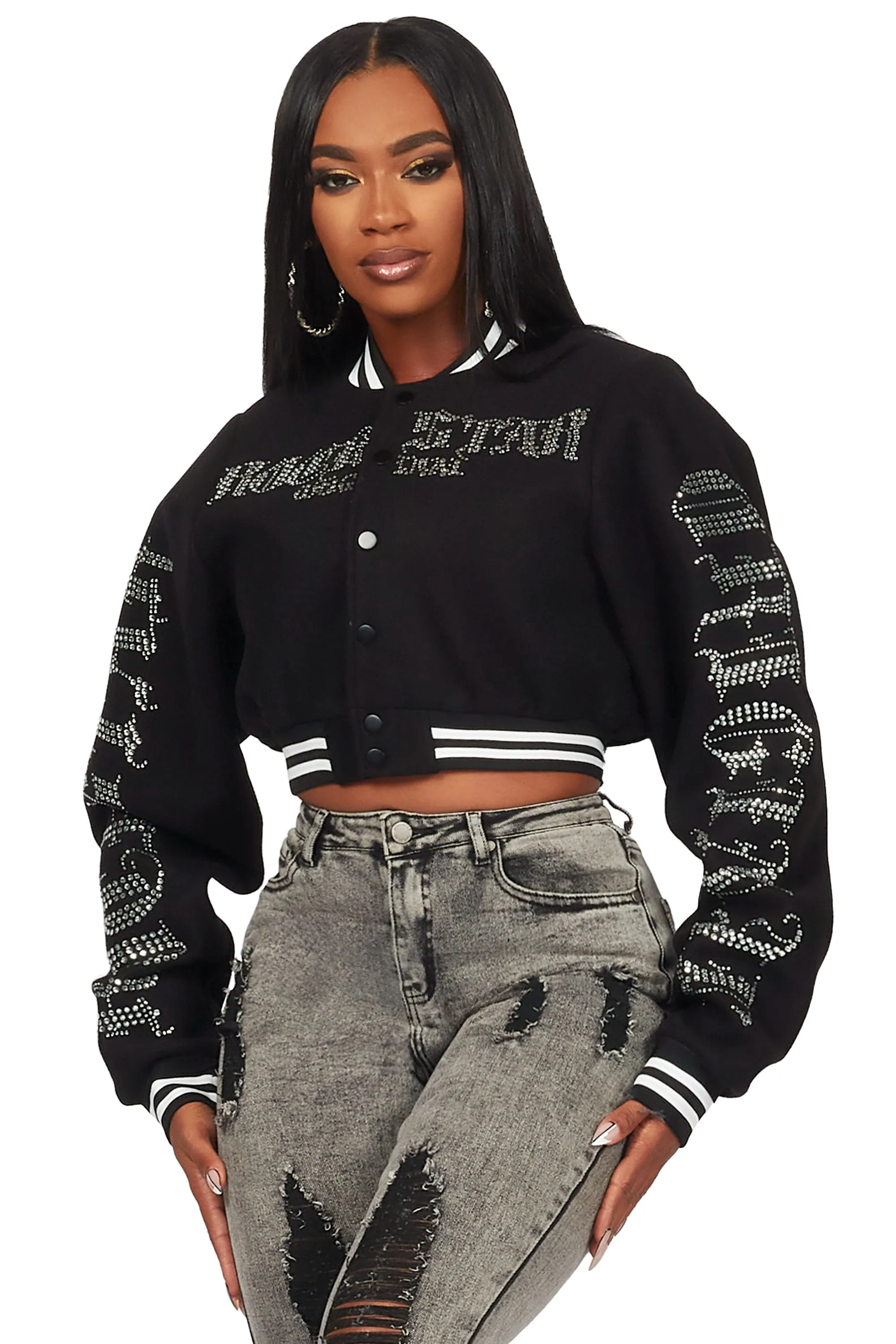 Gianni Black Crop Rhinestone Varsity Jacket