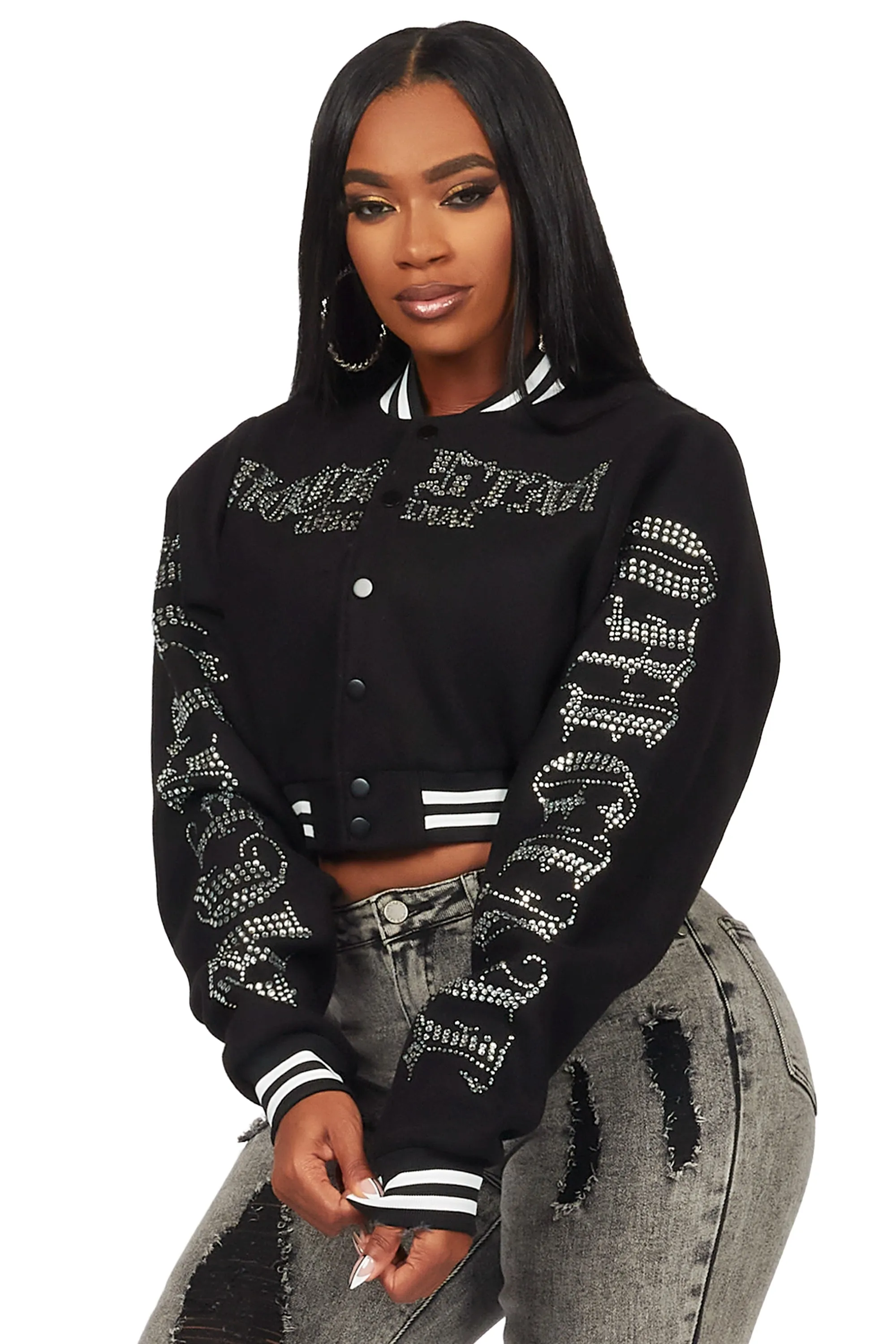 Gianni Black Crop Rhinestone Varsity Jacket