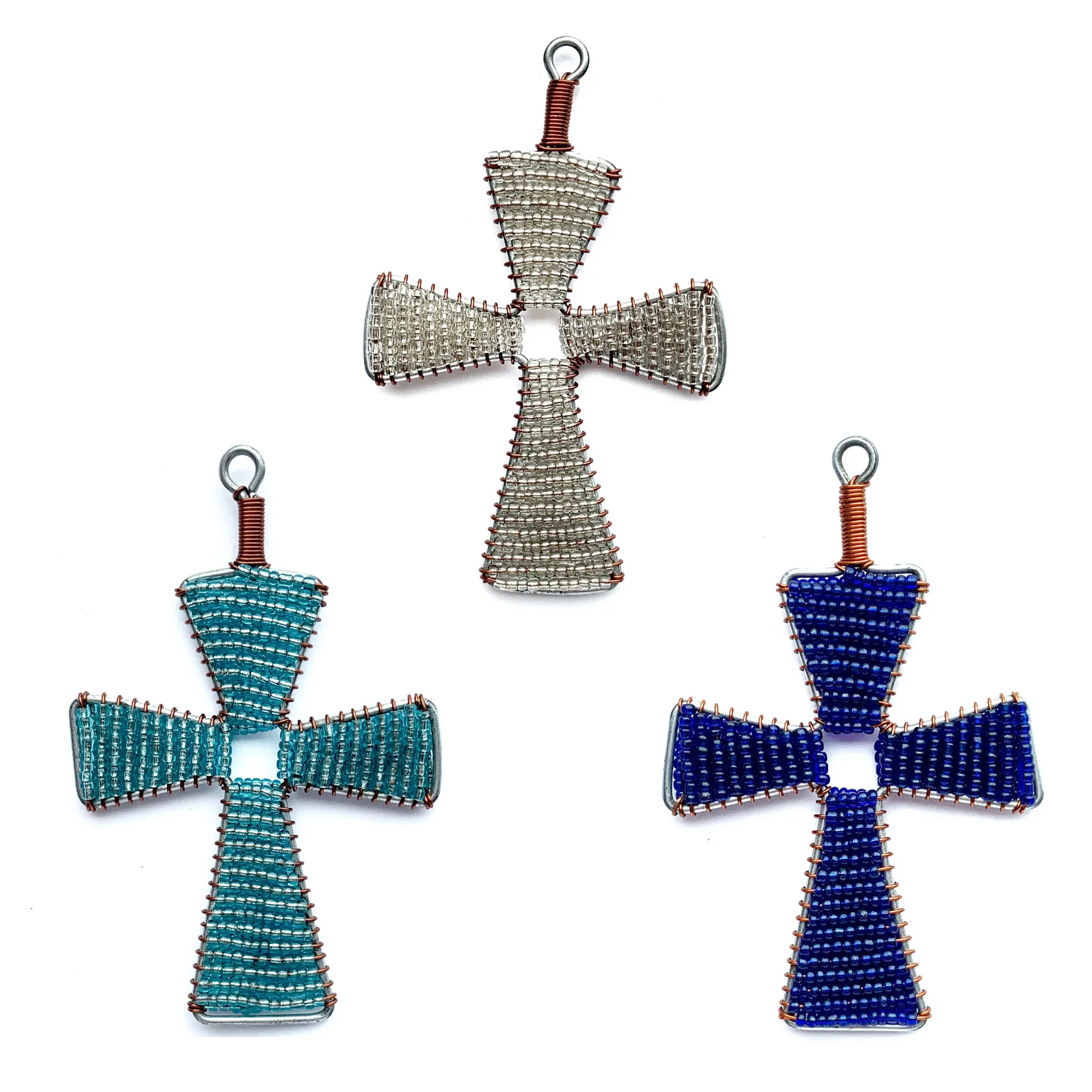 Glass Bead Cross Ornament Trio - Frosty