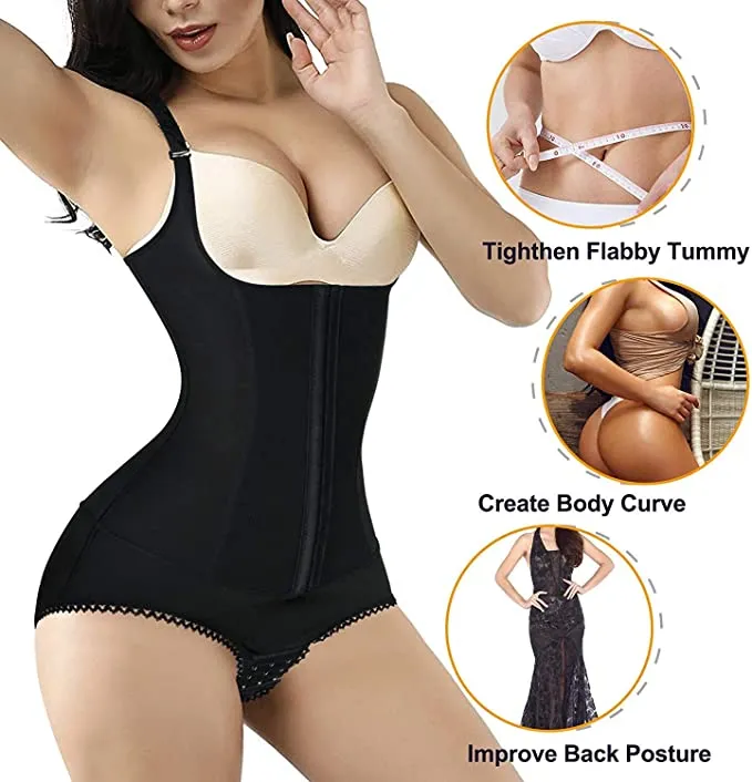 Gotoly Women Bodysuit Tummy Control Shapewear Waist Trainer Slim Full Body Shaper Open Bust Corset Cincher, Black, Medium