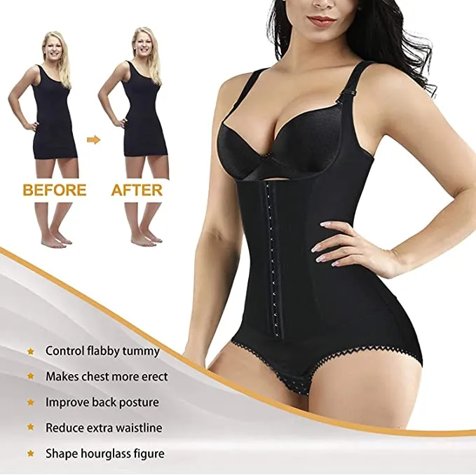 Gotoly Women Bodysuit Tummy Control Shapewear Waist Trainer Slim Full Body Shaper Open Bust Corset Cincher, Black, Medium