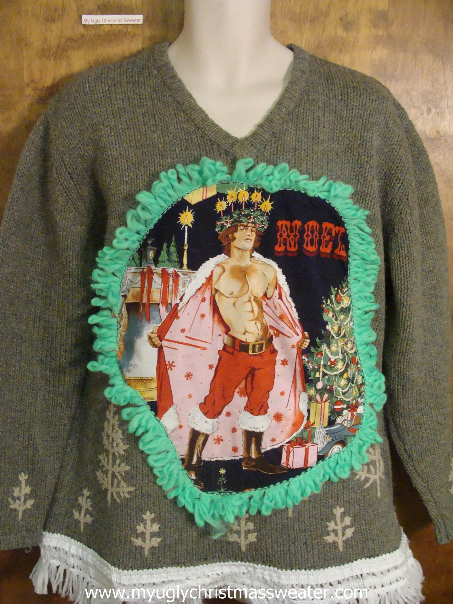 Green Christmas Tree Funny Ugly Sweater with Naughty Hottie Guy