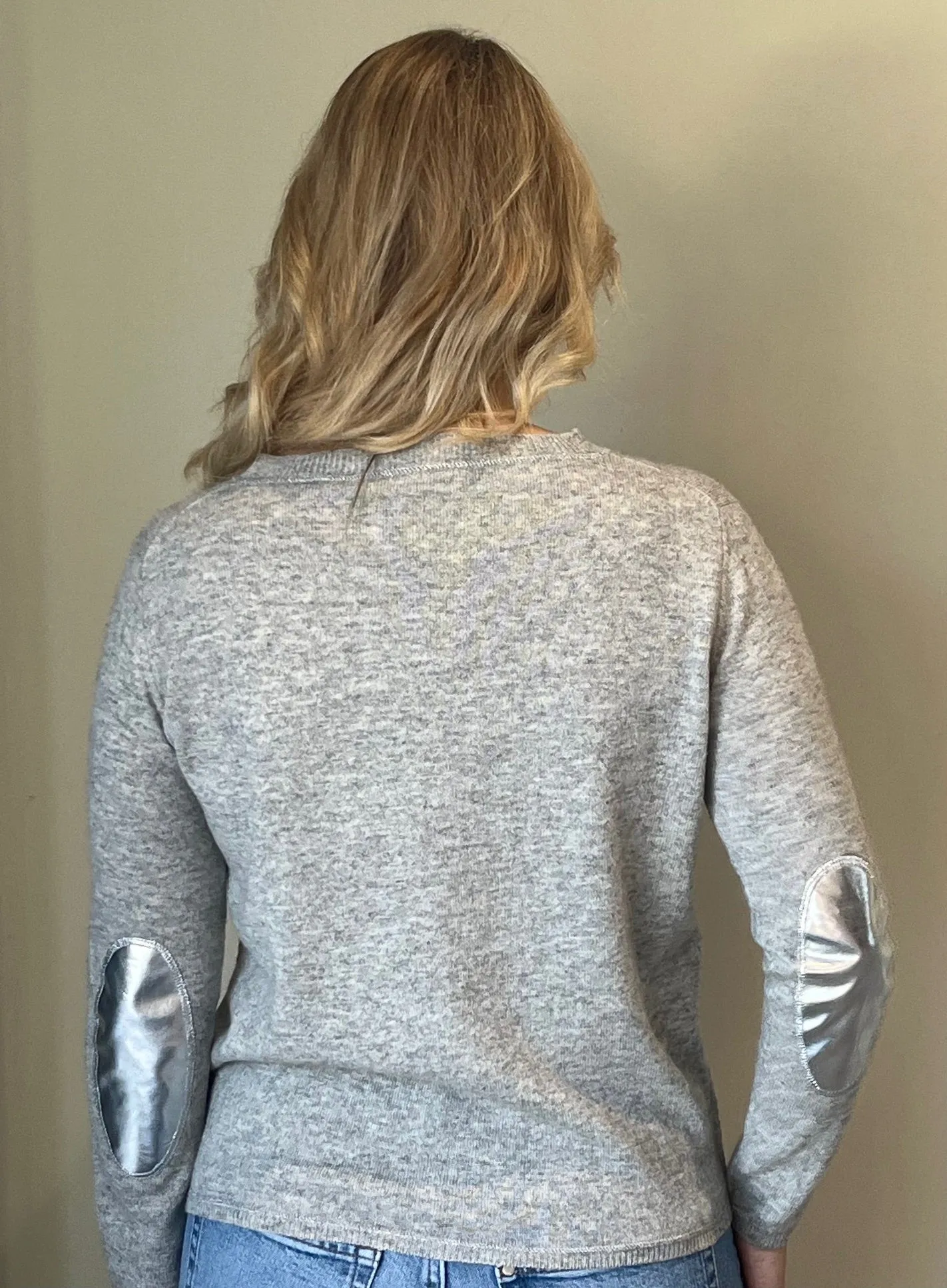 Grey boxy crew neck with silver faux leather elbow patches