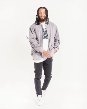 Grey Suede Rouched Sleeves Bomber Jacket