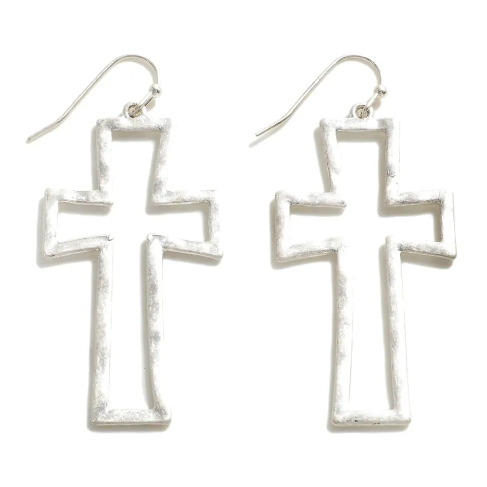 Hammered Cross Earrings - Silver