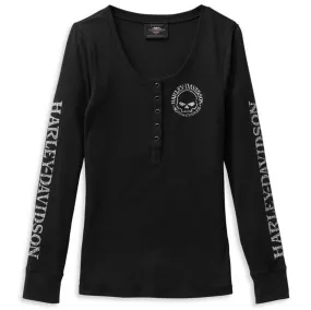 Harley-Davidson Women's Skull Snap Front Long Sleeve Henley, Black 99099-22VW