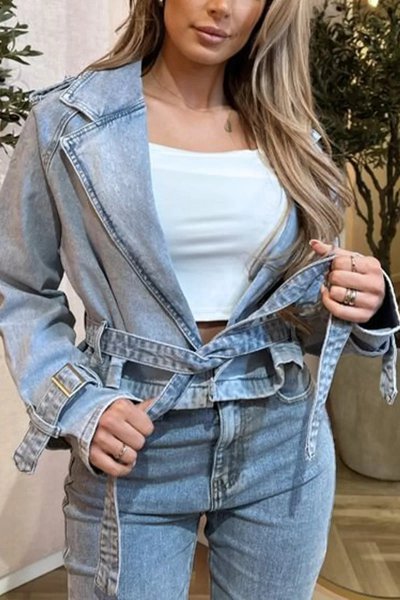 HCR1281 Cropped Denim Jacket with Belted Waist