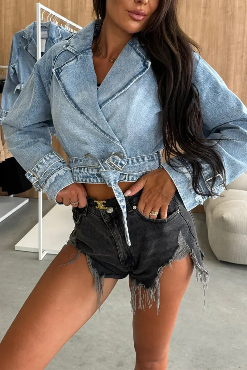 HCR1281 Cropped Denim Jacket with Belted Waist