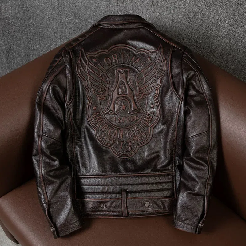 Large Lapel Motorcycle Cowhide Leather Jacket