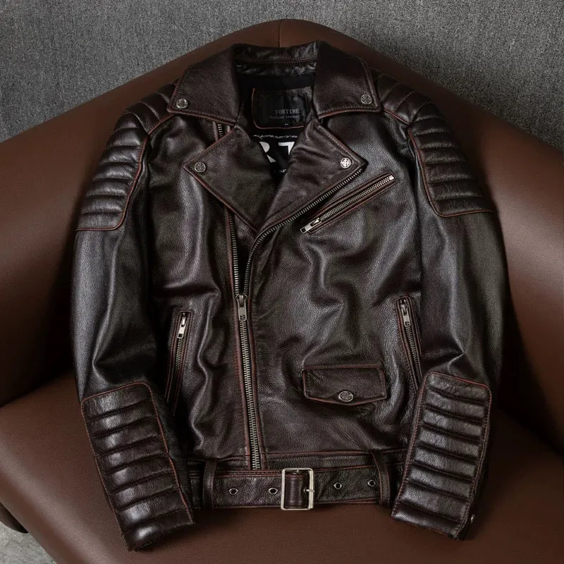 Large Lapel Motorcycle Cowhide Leather Jacket