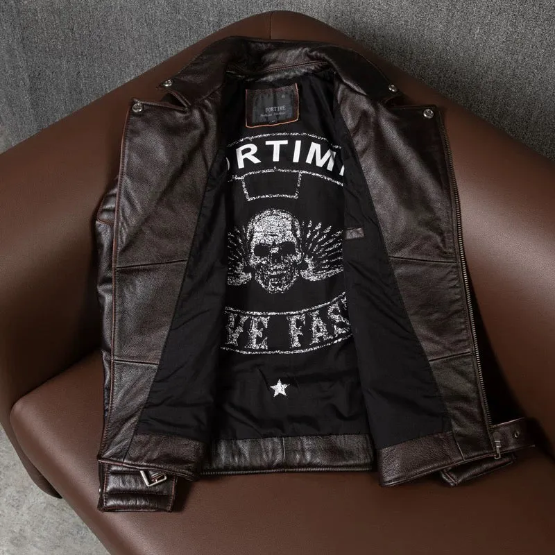 Large Lapel Motorcycle Cowhide Leather Jacket