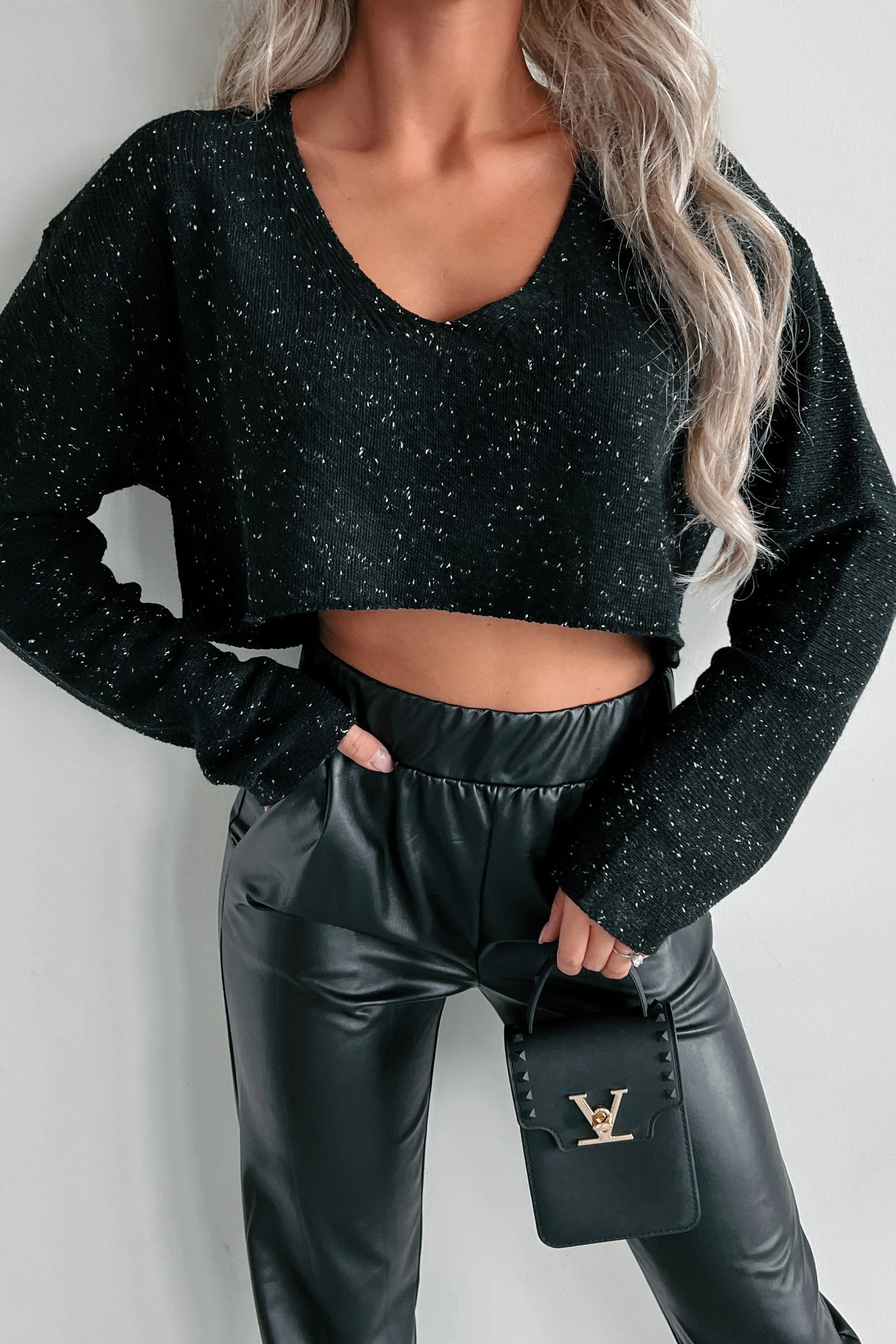 Last To Leave Speckle Knit Crop Sweater (Black)