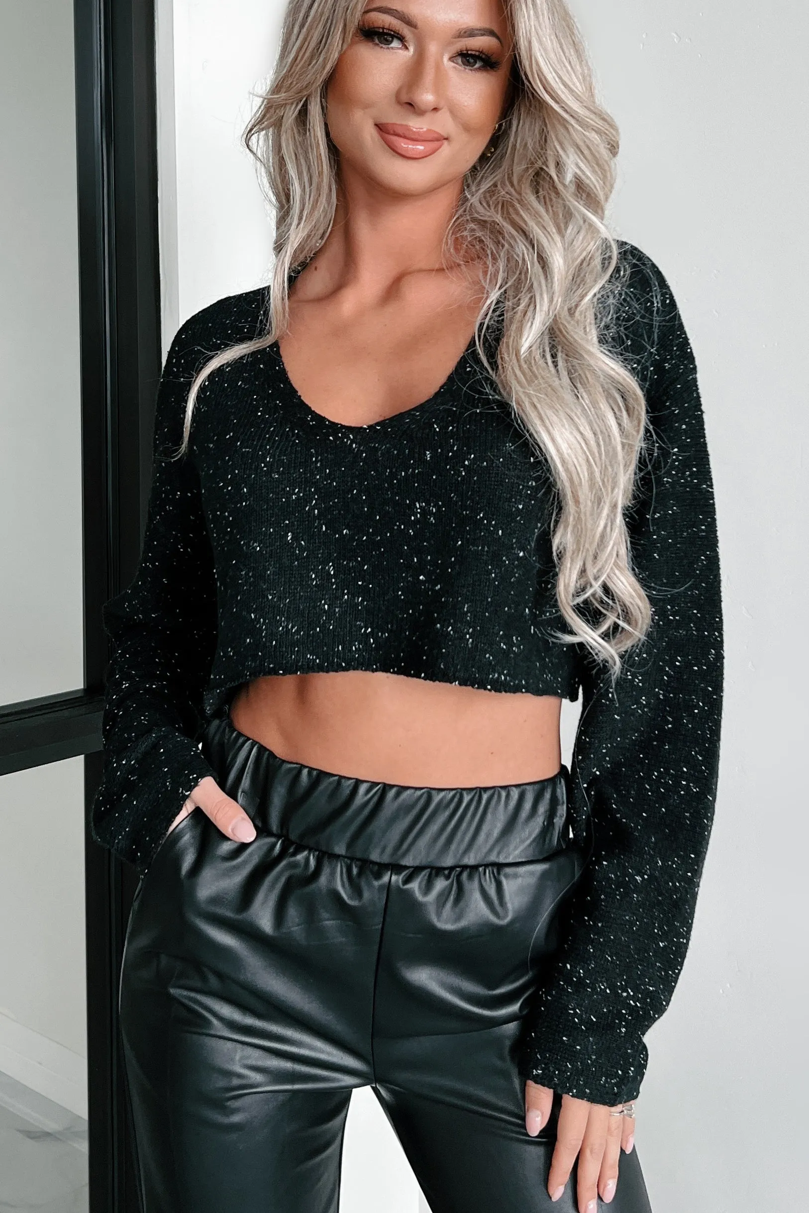 Last To Leave Speckle Knit Crop Sweater (Black)