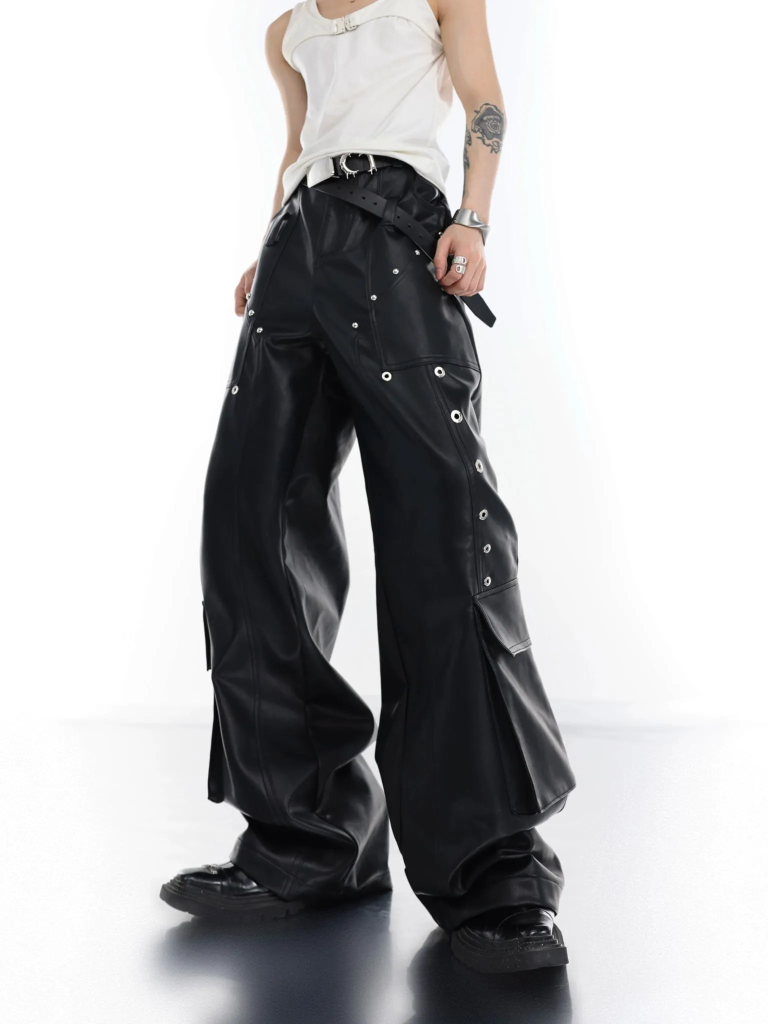 Leather Splicing Wide Loose Pants CLE0005