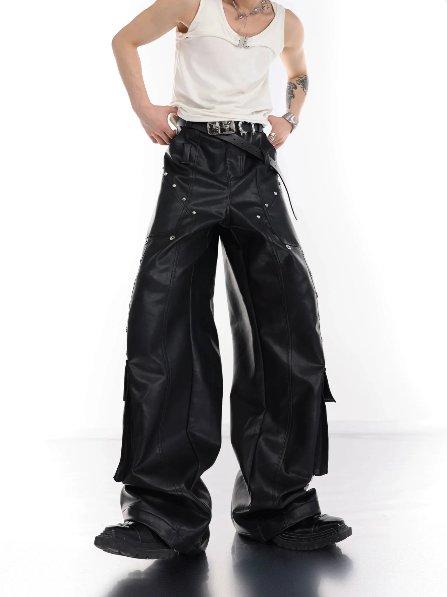 Leather Splicing Wide Loose Pants CLE0005