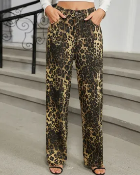 Leopard-Print Denim Straight Pants