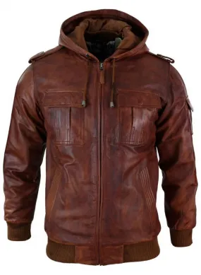 Levitix Brown Hooded Bomber Leather Jacket