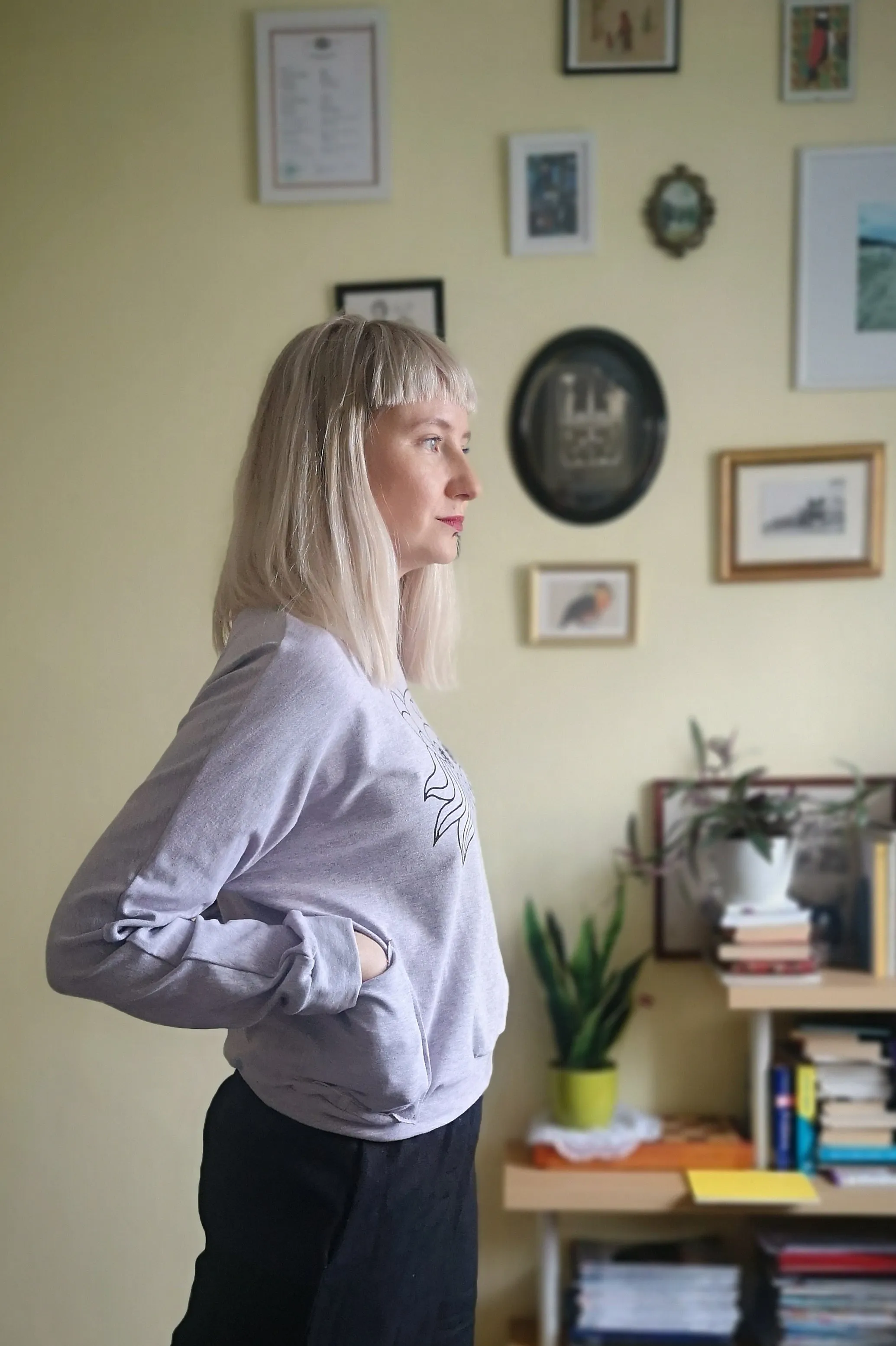 Light Dusty Pink Melange Cotton Cropped Sweatter with pockets and Hand Printed Lāčplēsene/ Heroine