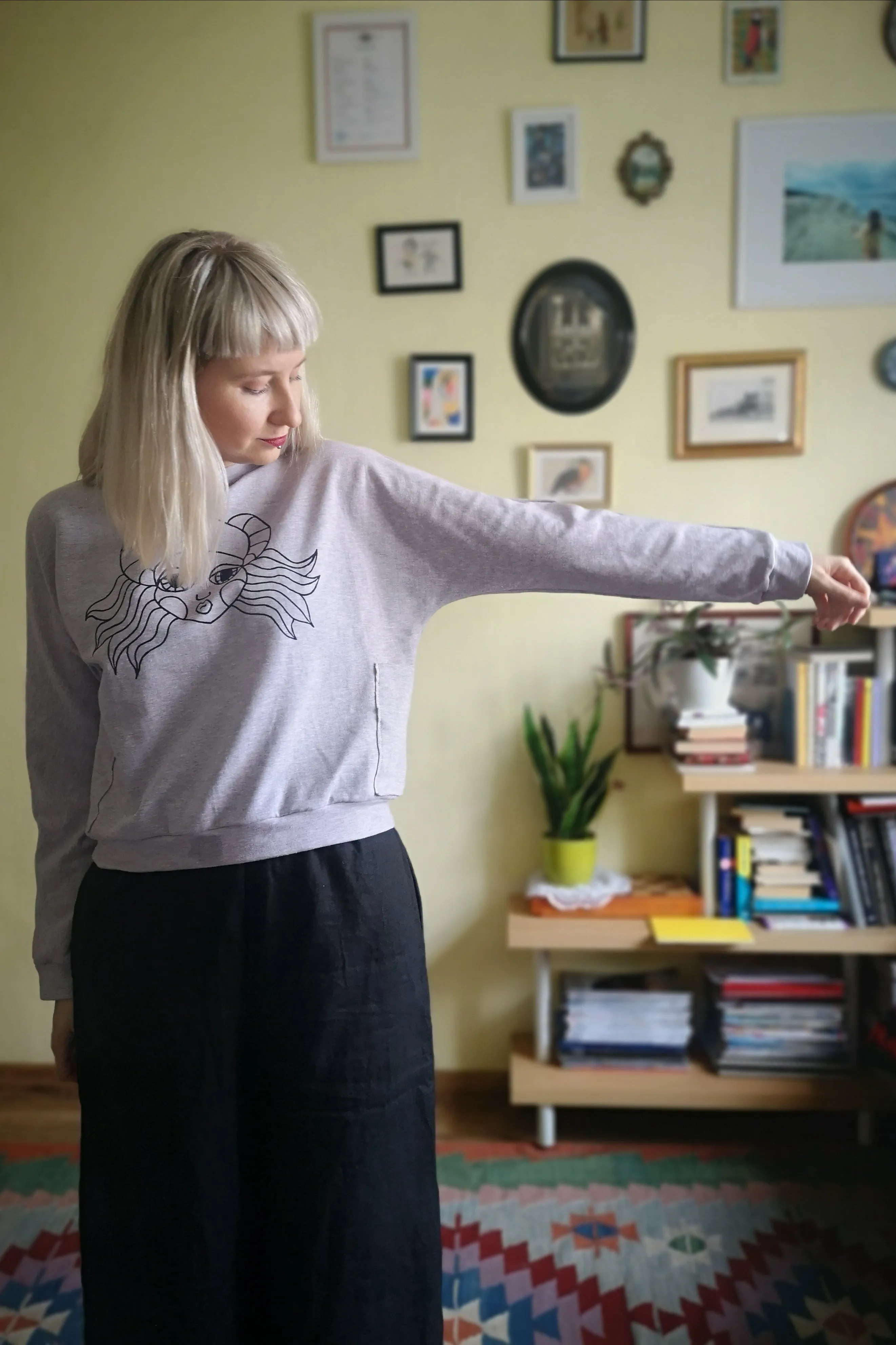 Light Dusty Pink Melange Cotton Cropped Sweatter with pockets and Hand Printed Lāčplēsene/ Heroine