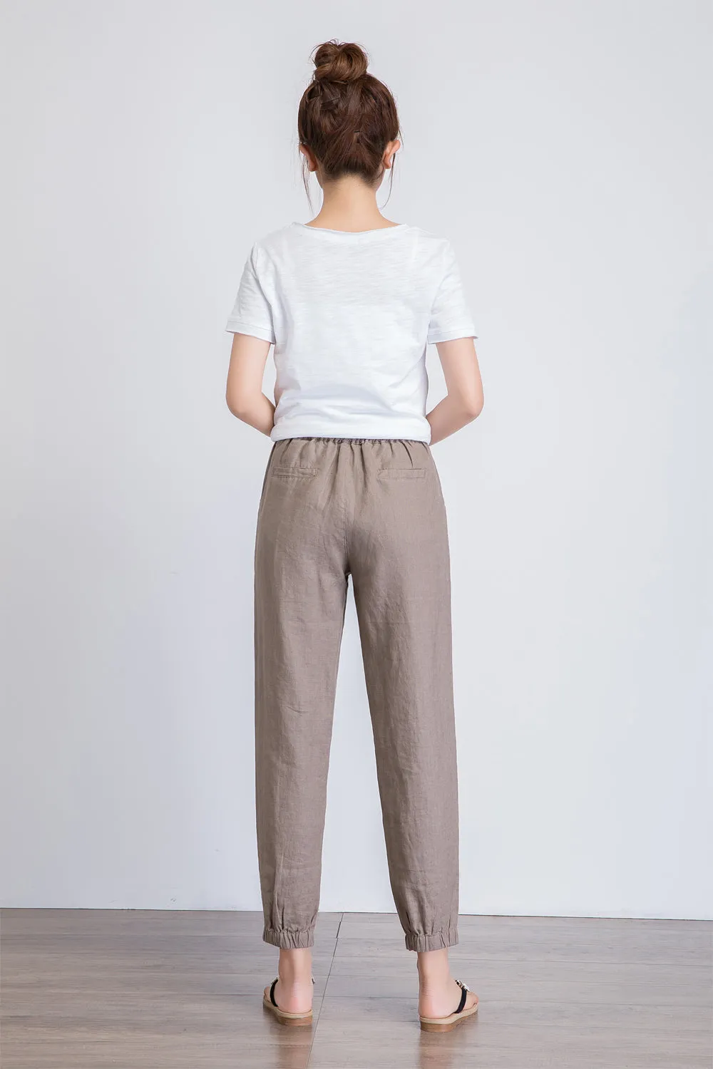 linen cropped pants women, brown linen trousers, drawstring waist pants, summer casual pants1939