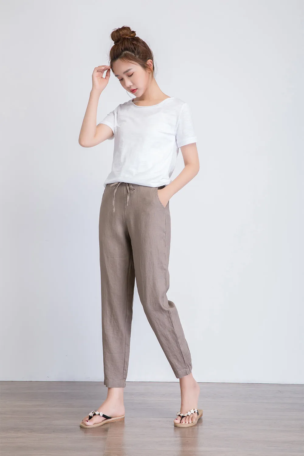 linen cropped pants women, brown linen trousers, drawstring waist pants, summer casual pants1939