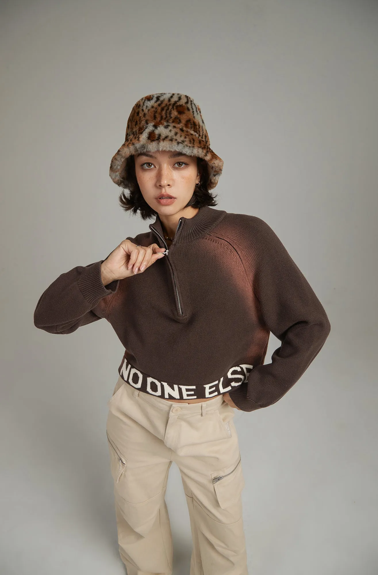 Logo Half Zip-Up Crop Knit Sweater