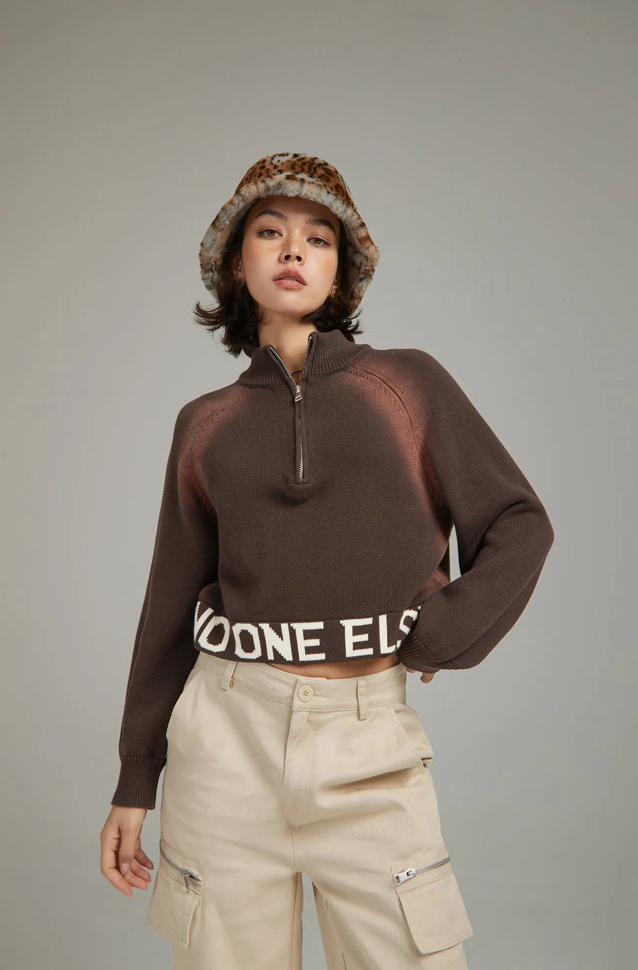 Logo Half Zip-Up Crop Knit Sweater