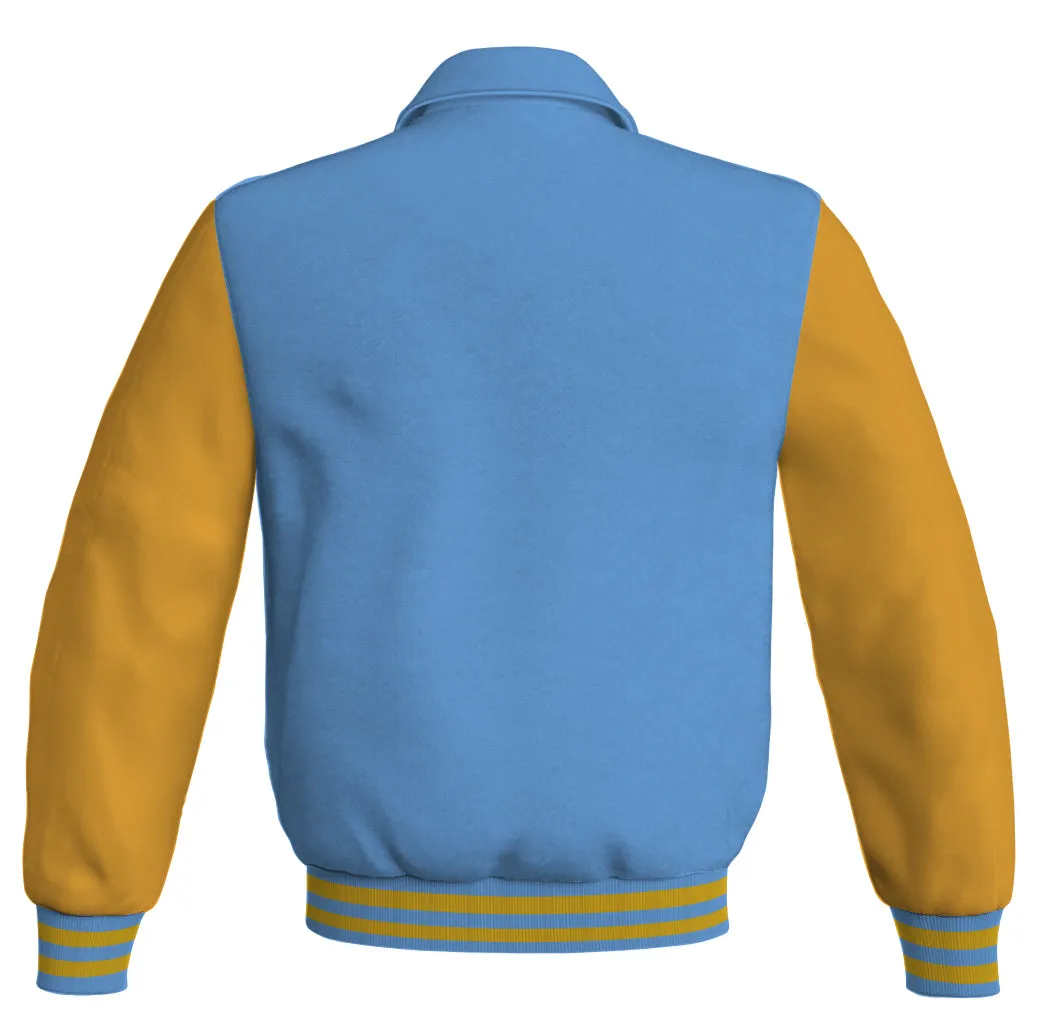 Luxury Bomber Classic Jacket Sky Blue Body and Golden Leather Sleeves