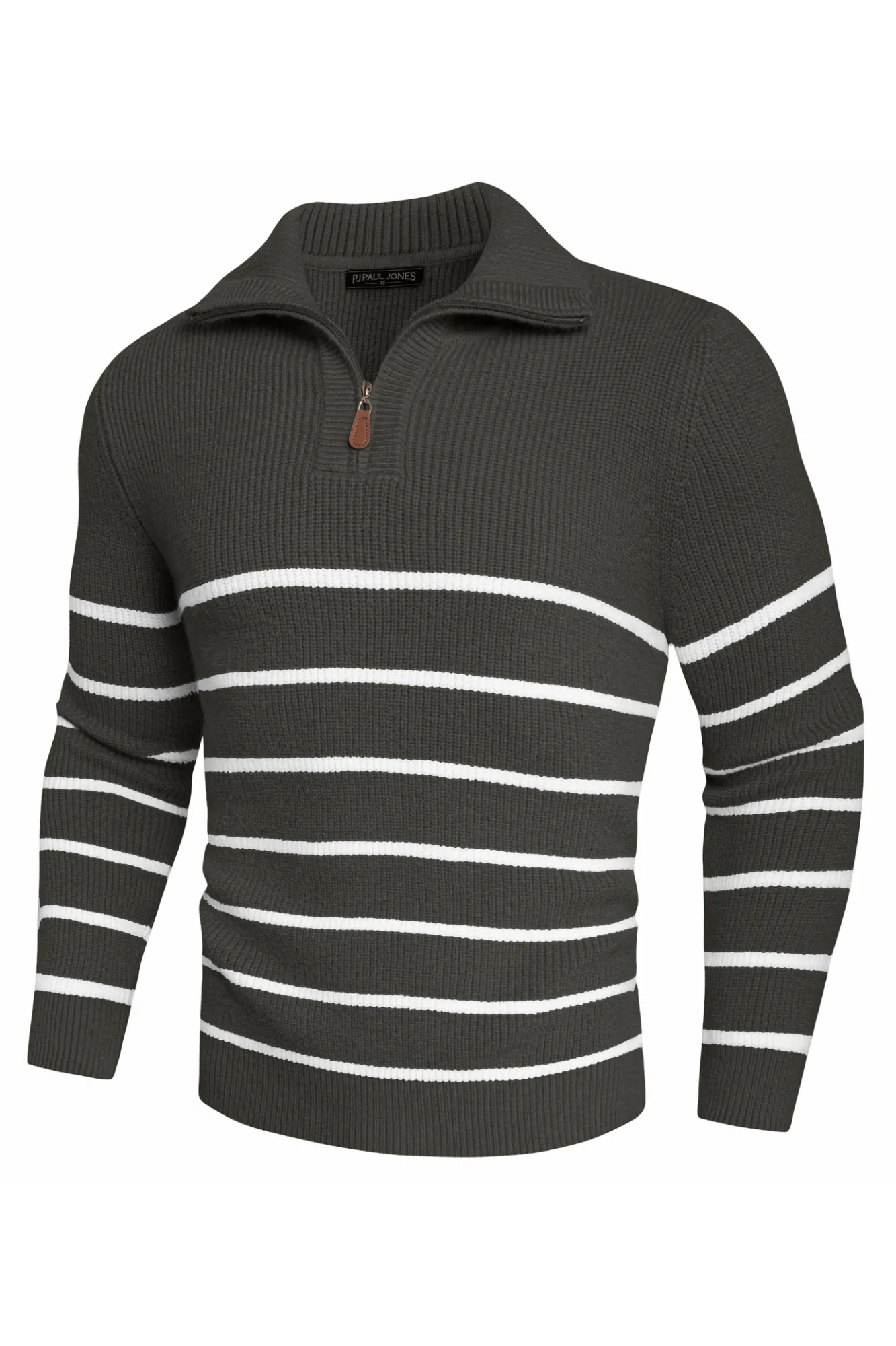 Men Striped Sweater Long Sleeve Lapel Collar Zip-up Neck Pullover