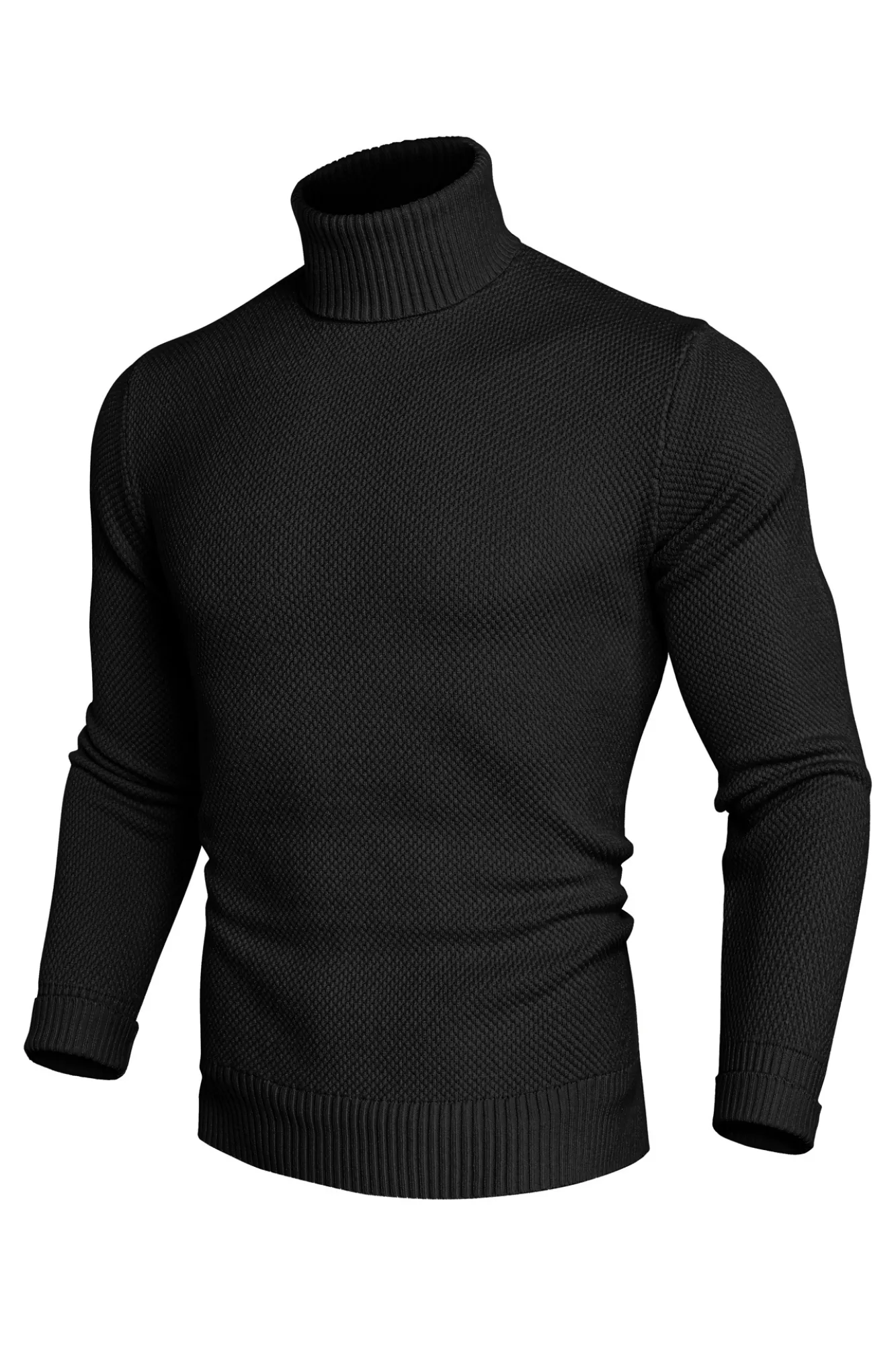 Men Turtleneck Sweater Long Sleeve Ribbed Cuff Textured Pullover Jumper