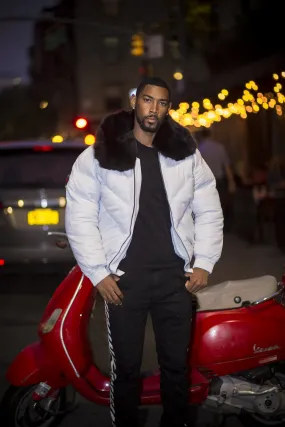 Men V Bomber Jacket- White (Black Fur)