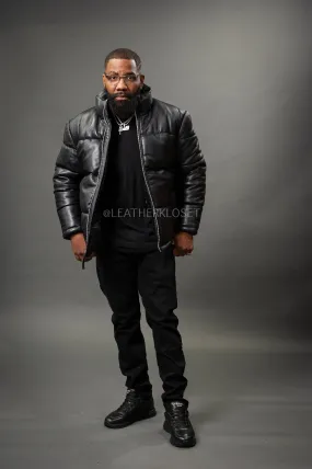 Men’s Arctic Leather Bubble Bomber Jacket [Black]