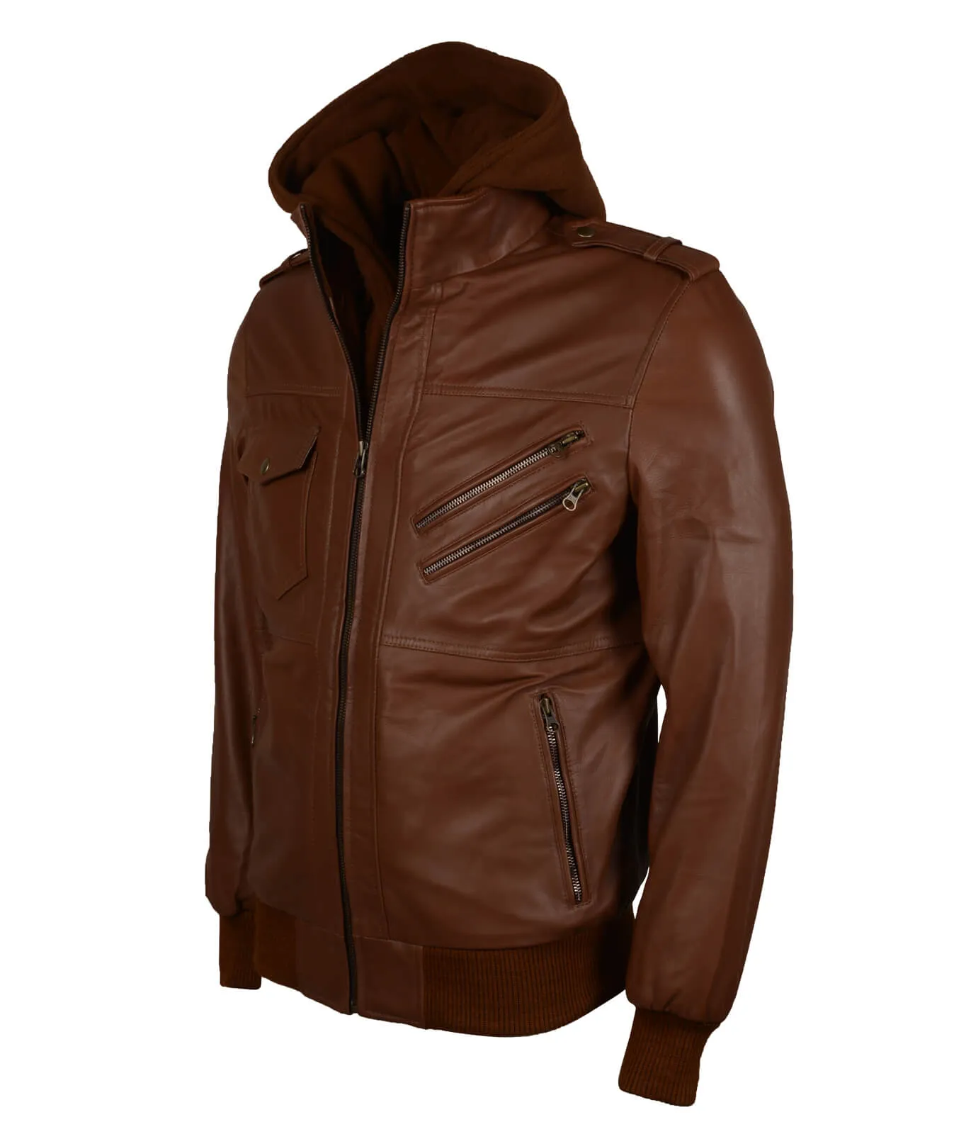 Men's Brown Bomber Leather Jacket with Hood