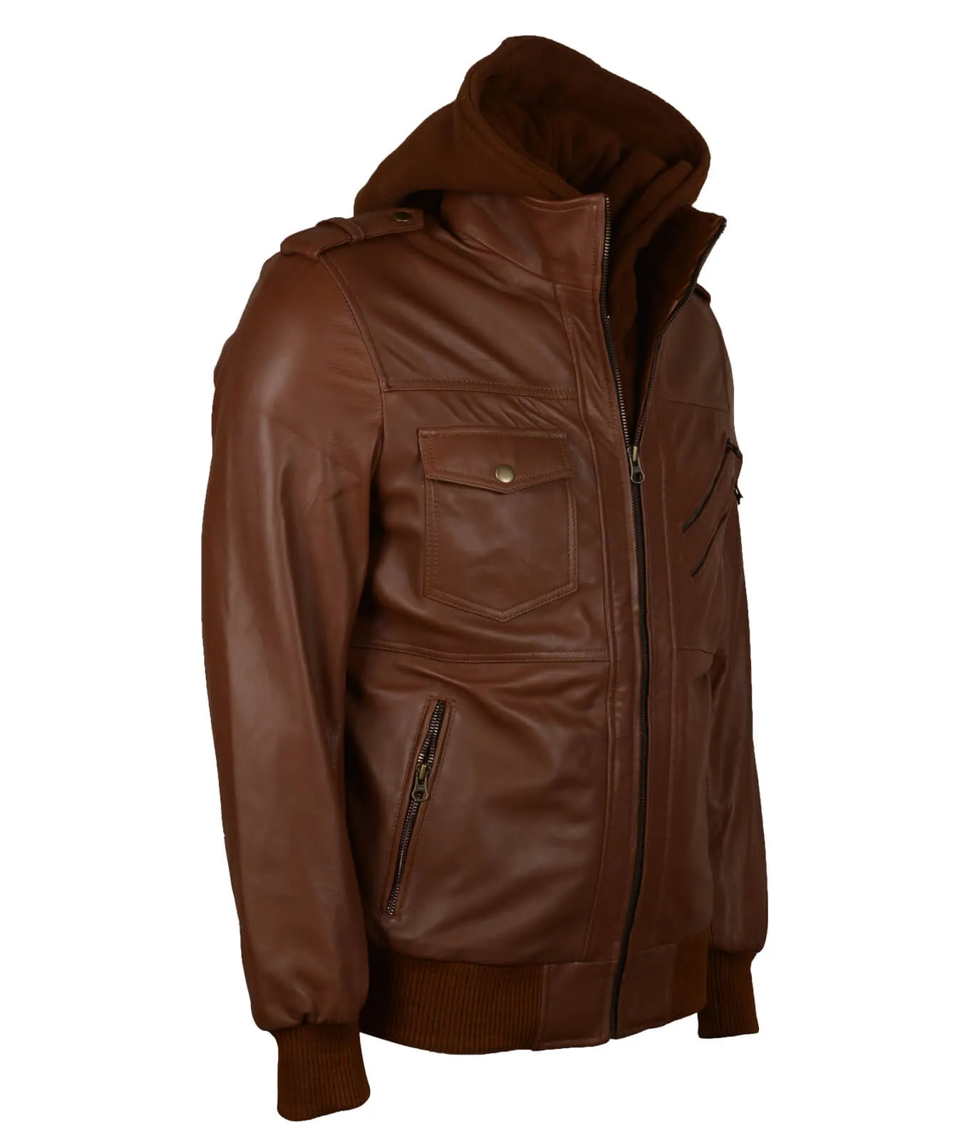 Men's Brown Bomber Leather Jacket with Hood