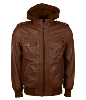 Men's Brown Bomber Leather Jacket with Hood