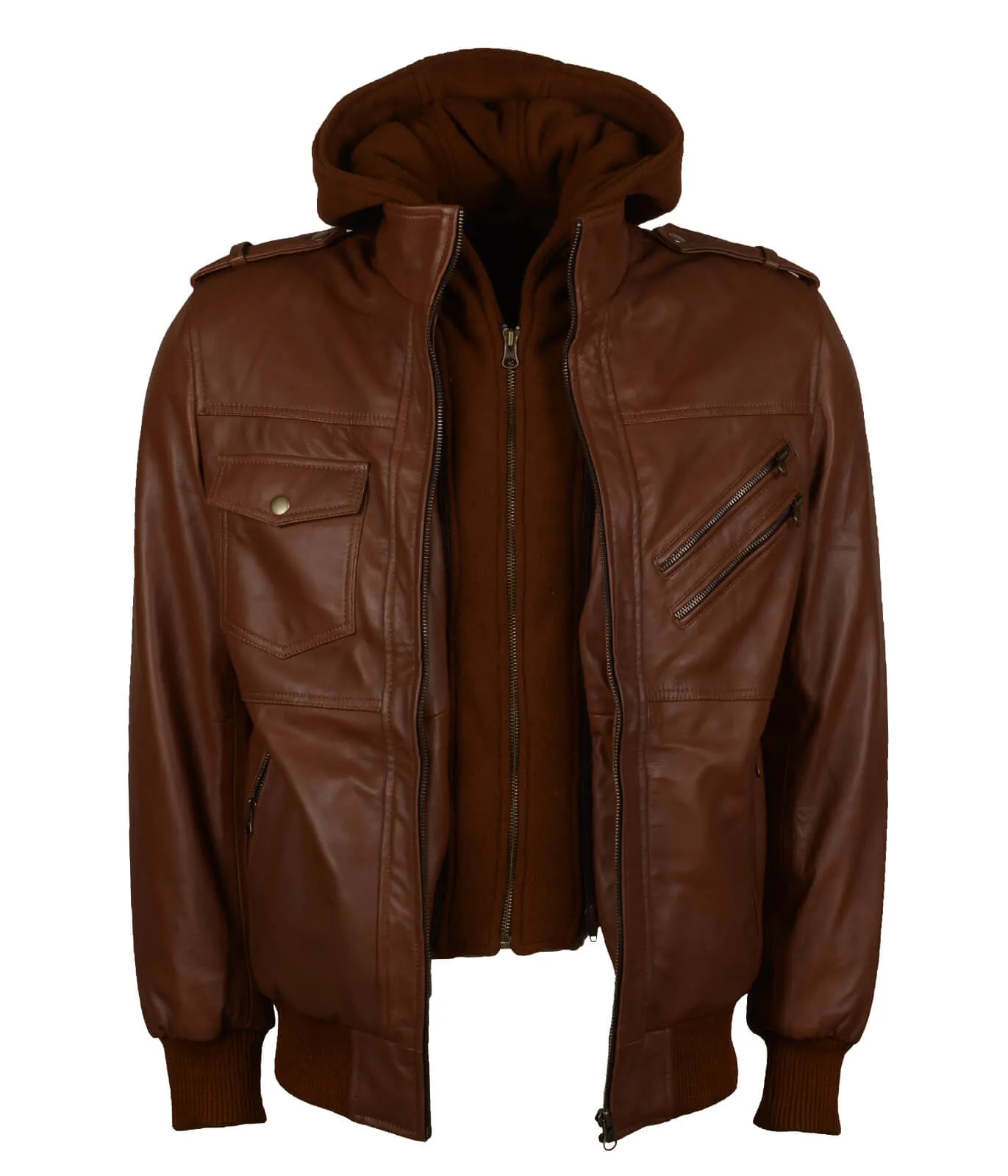 Men's Brown Bomber Leather Jacket with Hood