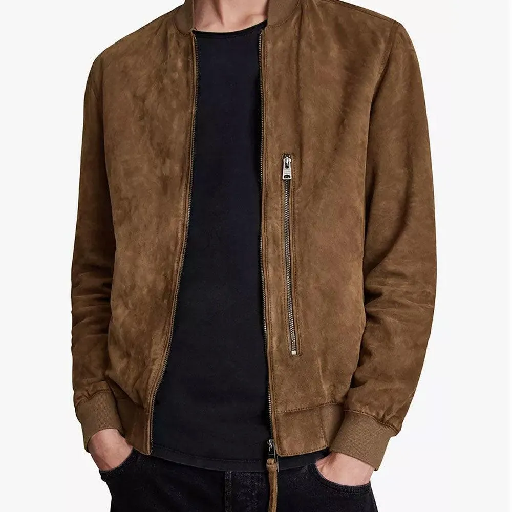 Men's Brown Suede Leather Bomber Jacket