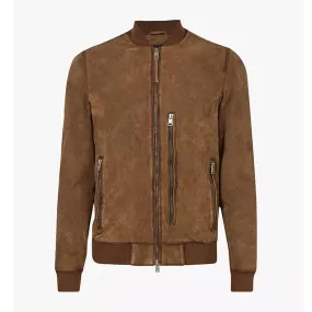 Men's Brown Suede Leather Bomber Jacket